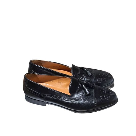 Mezlan Havana Loafer 10.5 Tassel Cap Toe Brogue Black Leather Vintage Dress Shoe - Picture 2 of 8